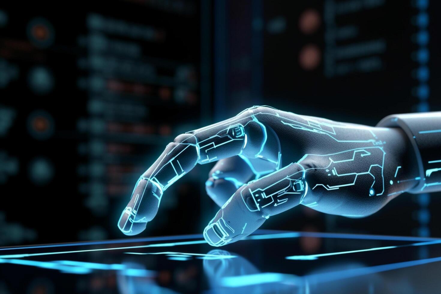 Robot hand touching hologram screen on blue background 3D rendering photo