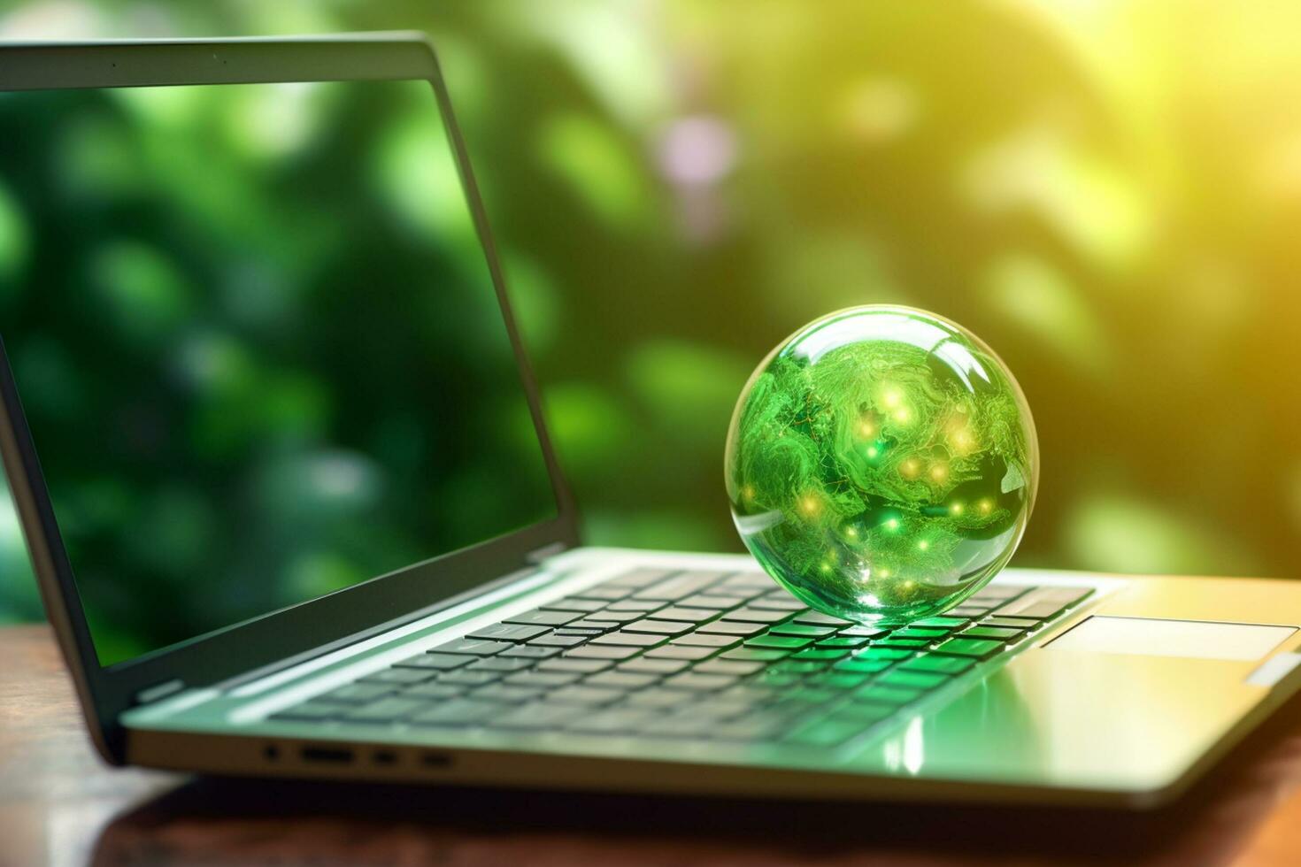Green globe on a laptop keyboard with green bokeh background. Ai Generated photo