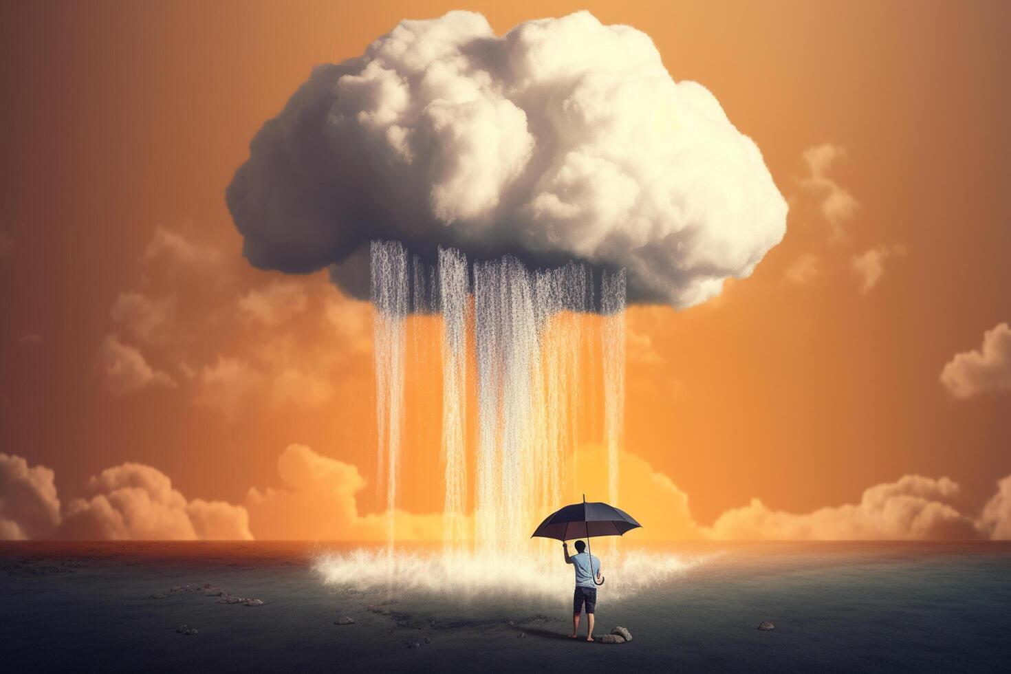 Businesswoman with umbrella standing on the edge of a stormy field photo