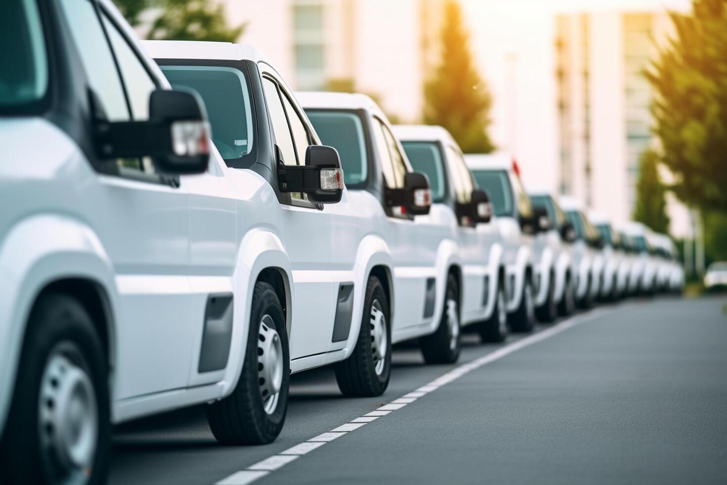 Row of new white cars parked in a row on a parking lot photo