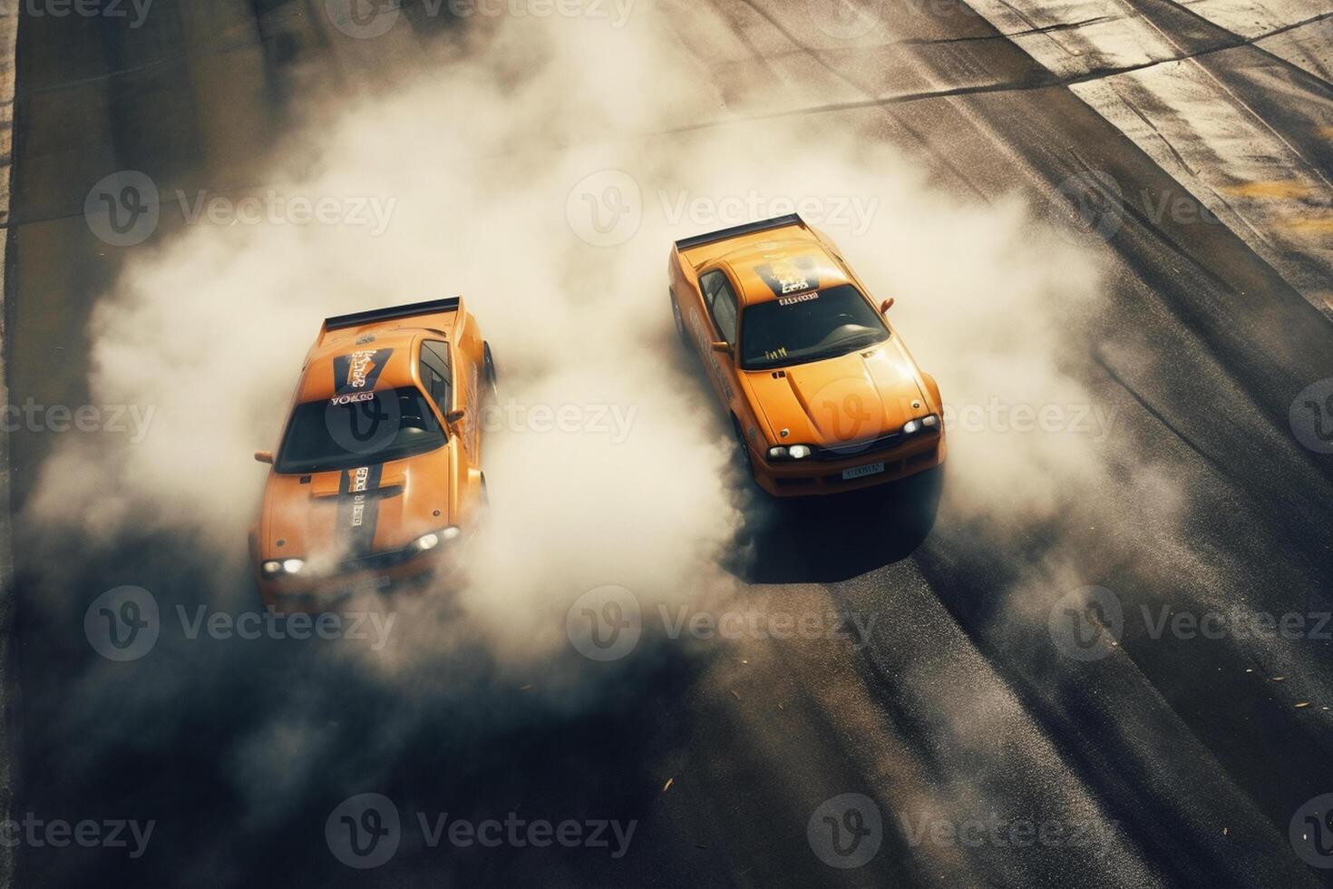 Racing car accident on the road with smoke in the air. photo