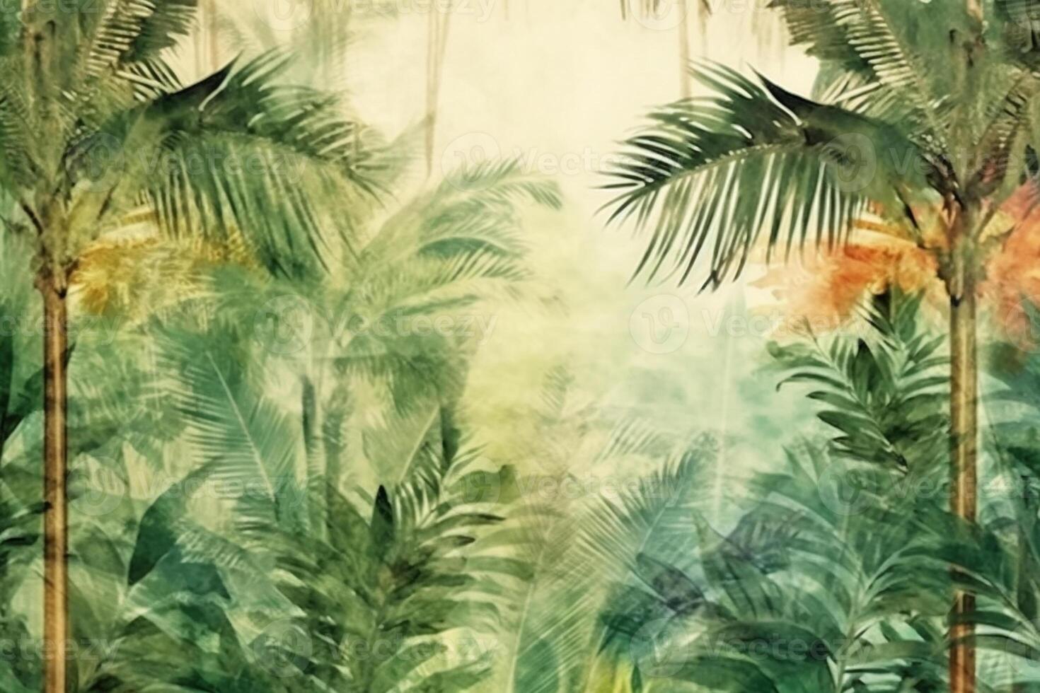 Tropical background with palm trees, watercolor painting illustration. photo