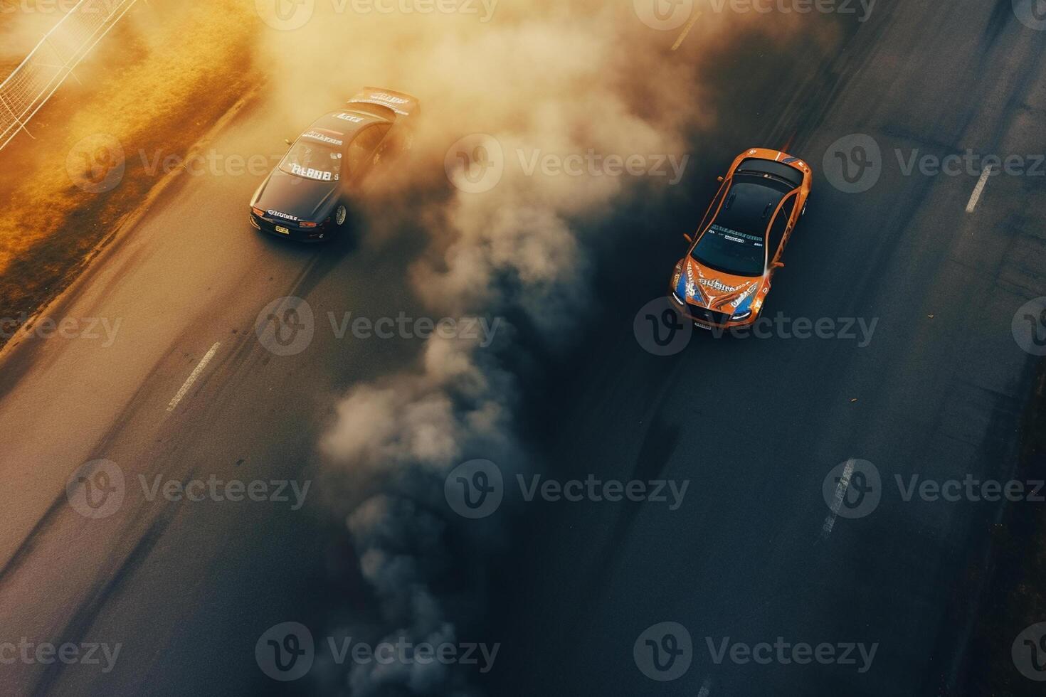Racing car accident on the road with smoke in the air. photo