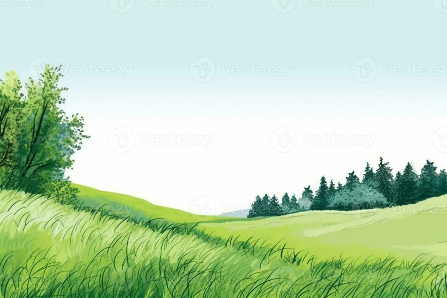 Summer landscape with green meadow, forest and blue sky. Vector illustration. photo