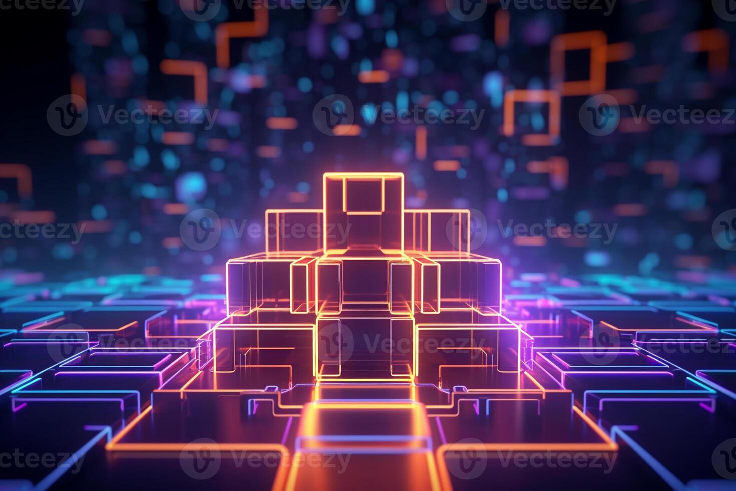 3d rendering of abstract geometric technological background with glowing cubes in the dark photo