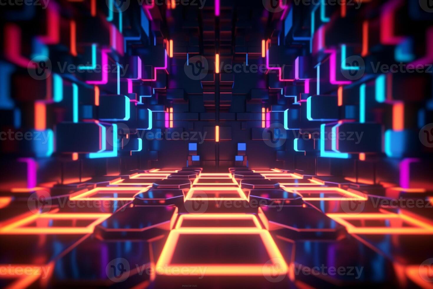 3d rendering of abstract geometric technological background with glowing cubes in the dark photo