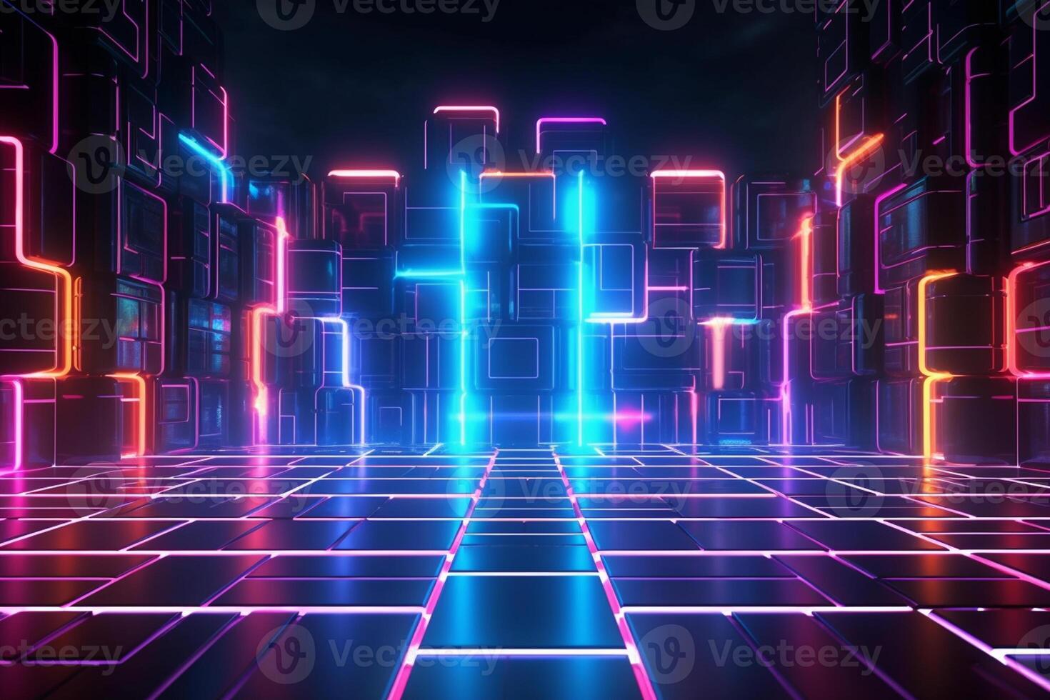 3d rendering of abstract geometric technological background with glowing cubes in the dark photo