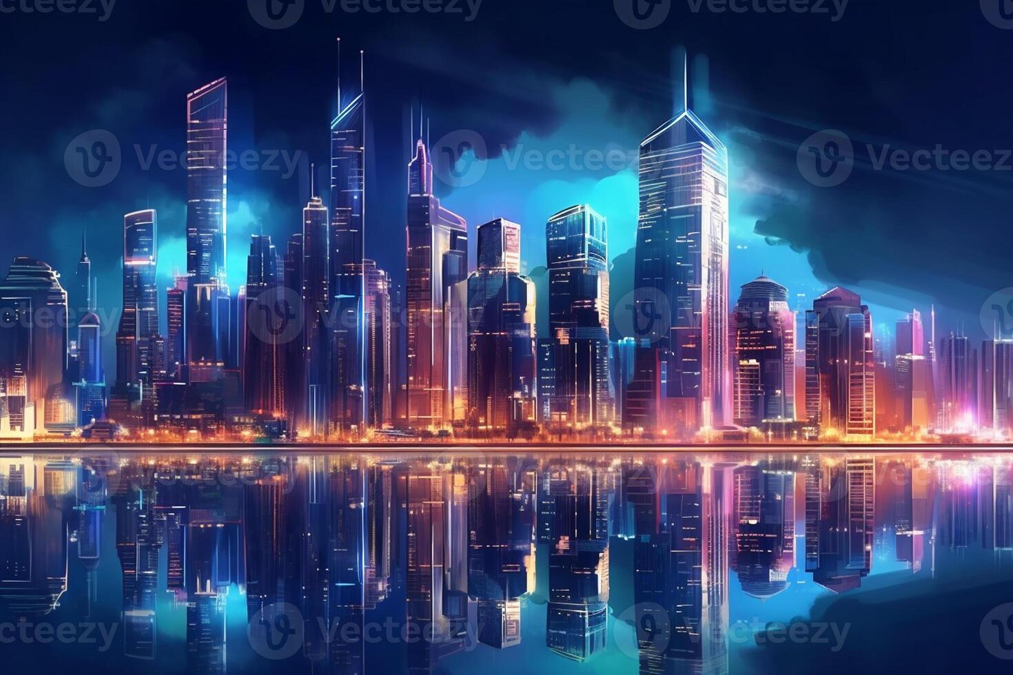 Night view of skyscrapers in futuristic illustration photo