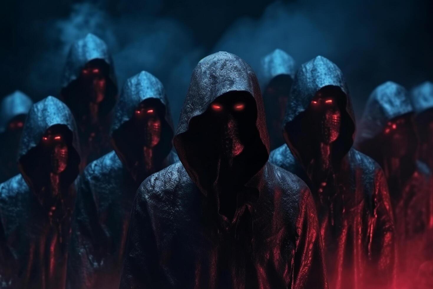 Group of unknown hooded people standing in front of a glowing stage. Ai Generated photo