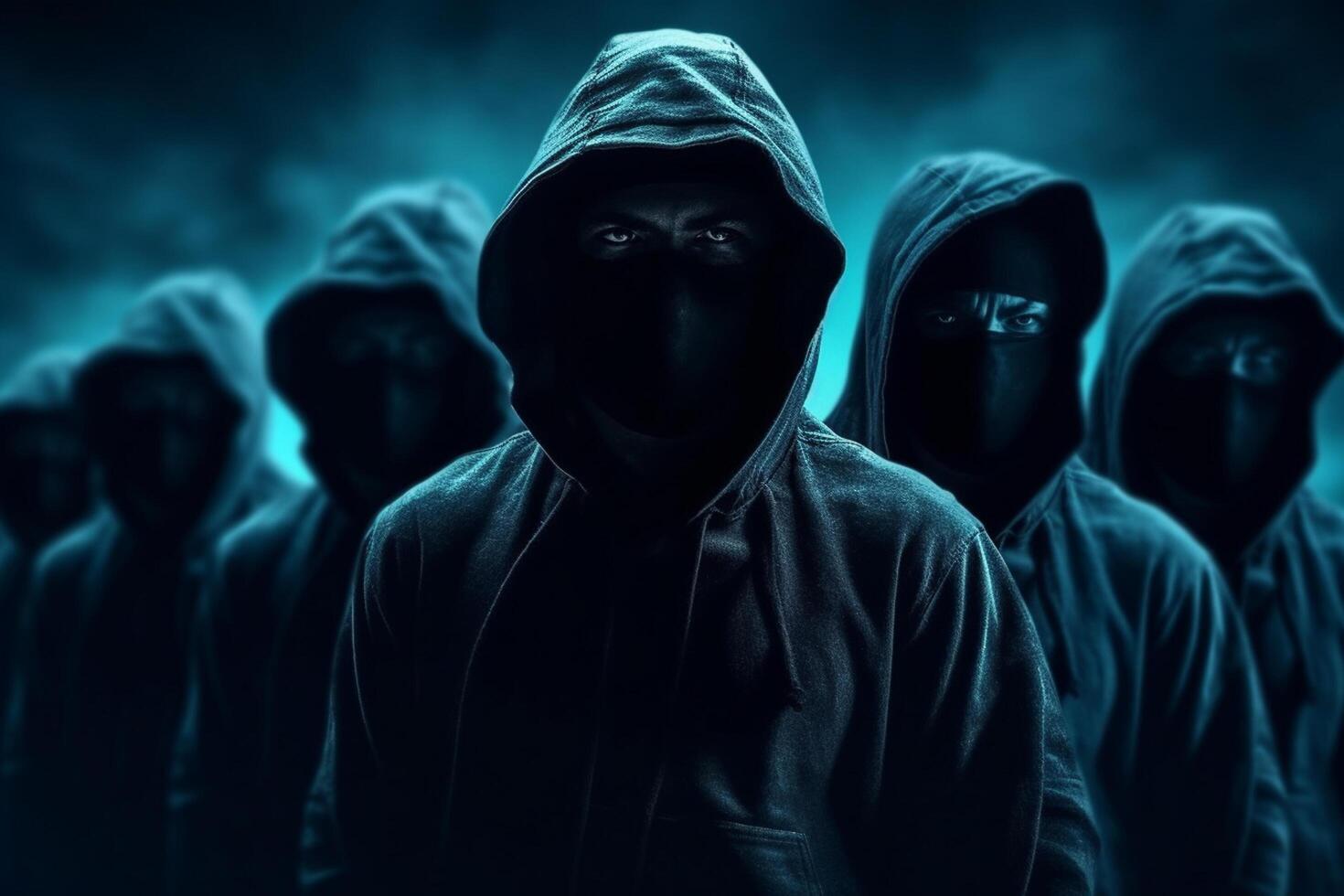 Group of unknown hooded people standing in front of a glowing stage. photo