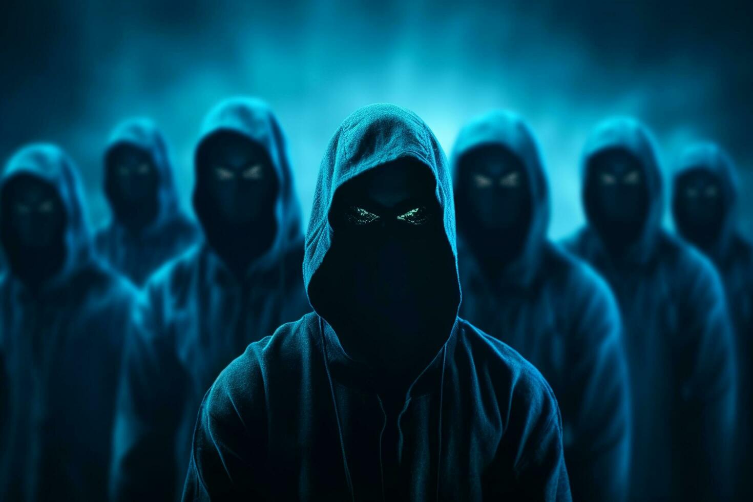 Group of unknown hooded people standing in front of a glowing stage. Ai Generated photo