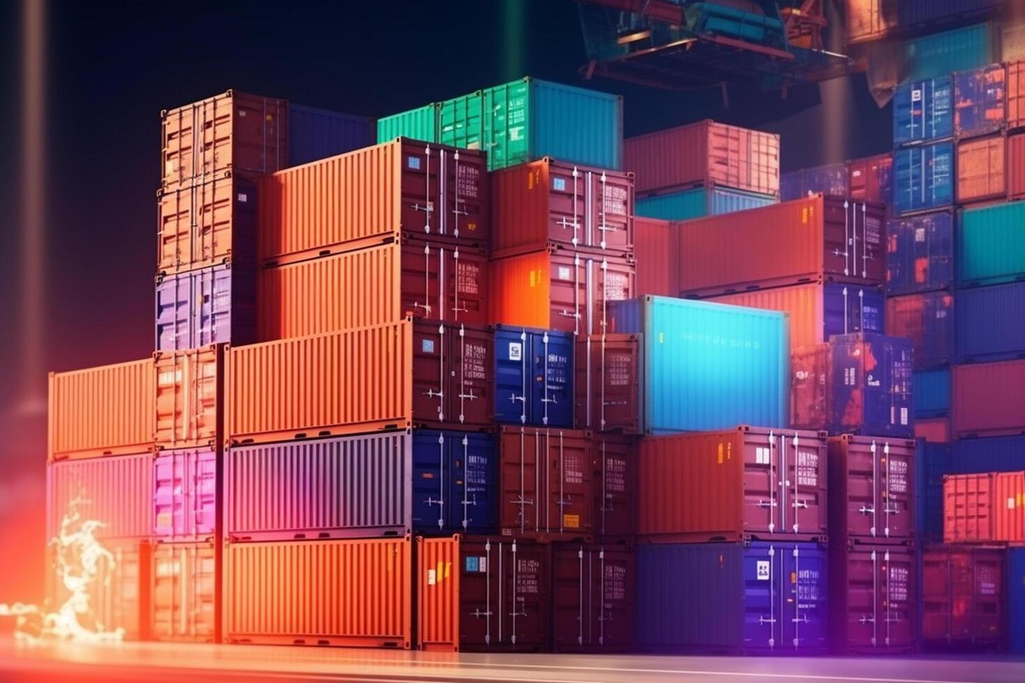 Cargo containers in a port at night. 3D Rendering photo