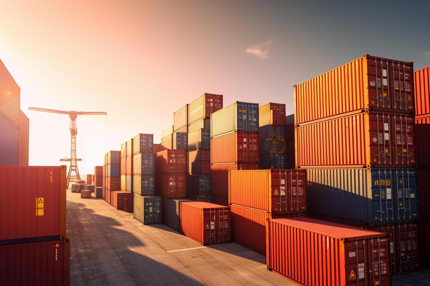 Cargo containers in a port at night. 3D Rendering photo
