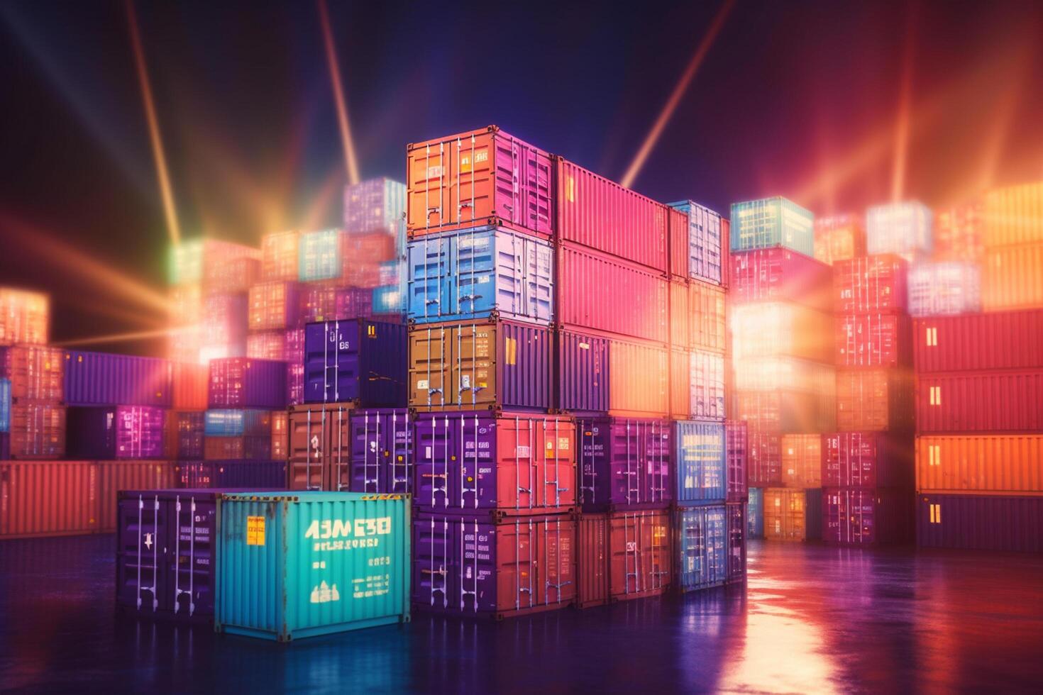 Cargo containers in a port at night. 3D Rendering photo