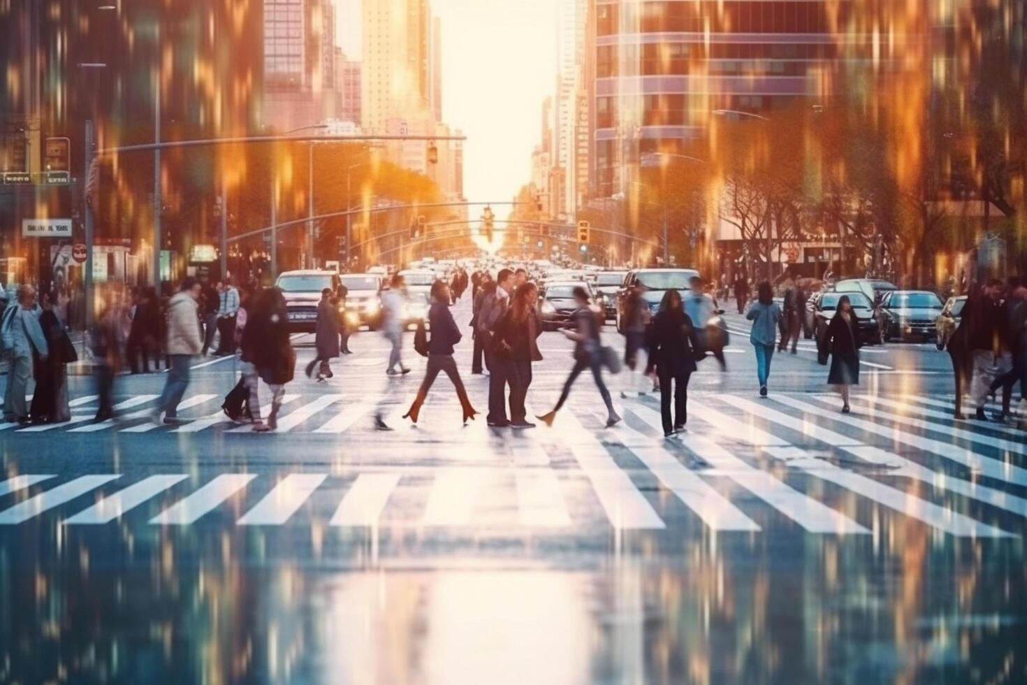 Silhouette of business people walking on the road in the city blurred photo