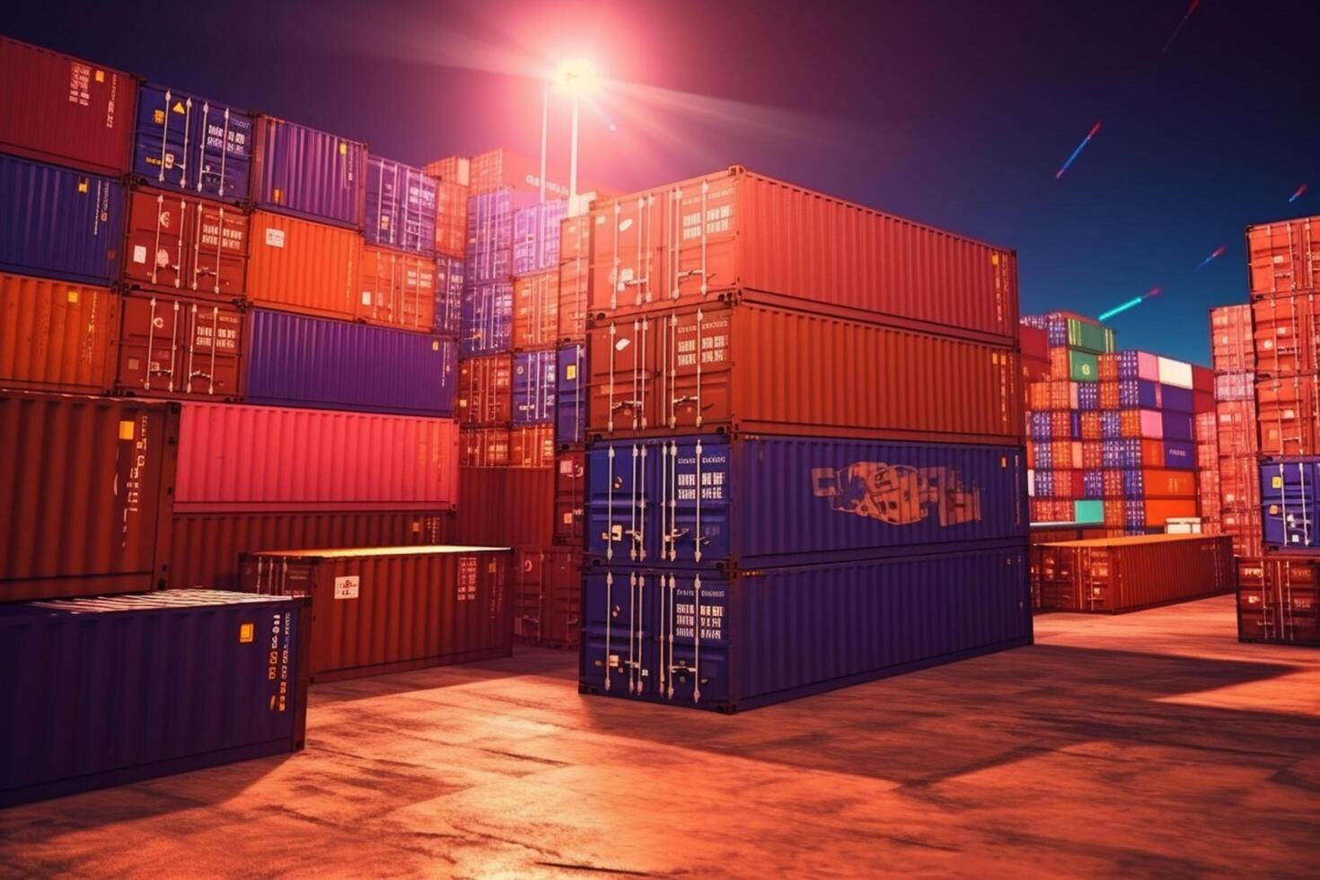 Cargo containers in a port at night. 3D Rendering photo