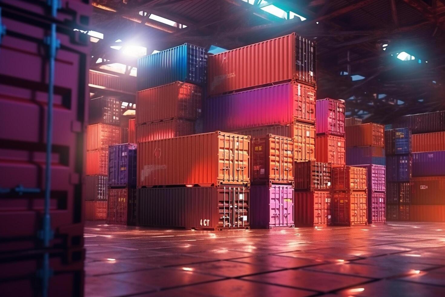 Cargo containers in a port at night. 3D Rendering photo