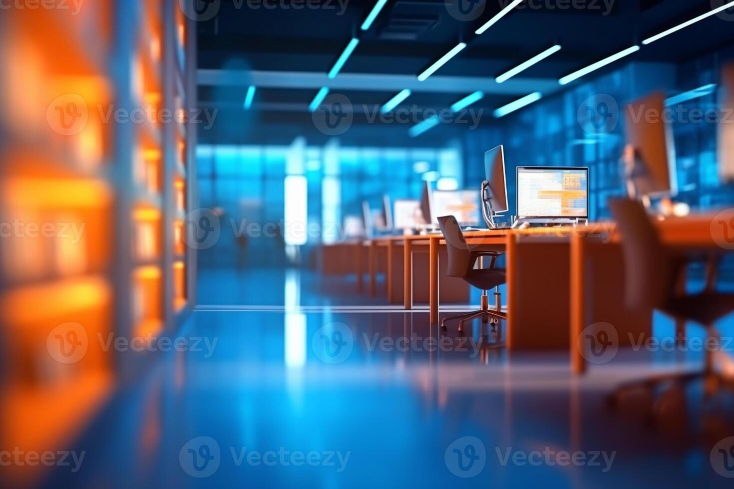 Modern office interior. 3d rendering toned image double exposure blur photo