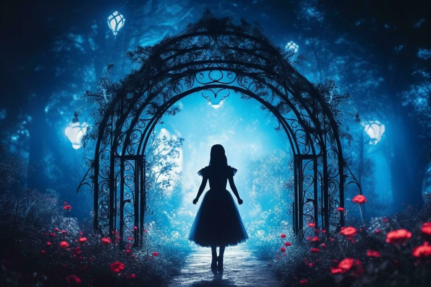 Young woman in white dress standing in the dark mysterious forest. Fairy tale concept Ai Generated photo