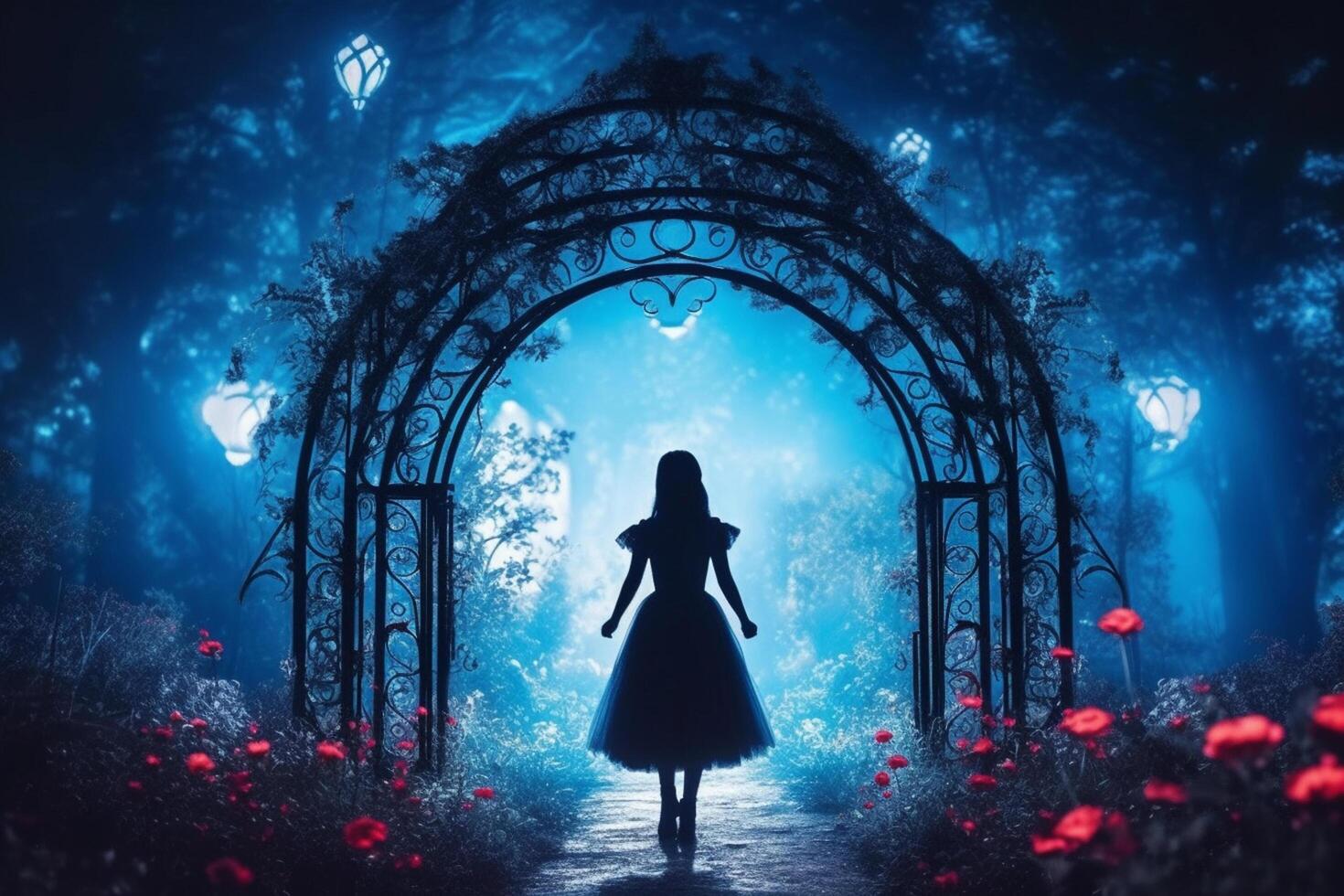 Young woman in white dress standing in the dark mysterious forest. Fairy tale concept photo