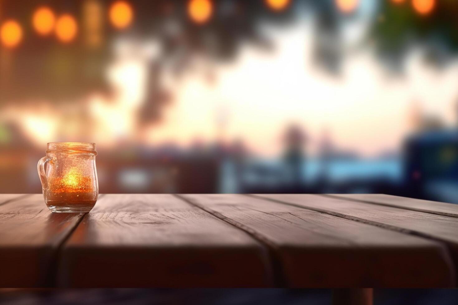 Empty wooden table and blurred background with bokeh, product display montage photo