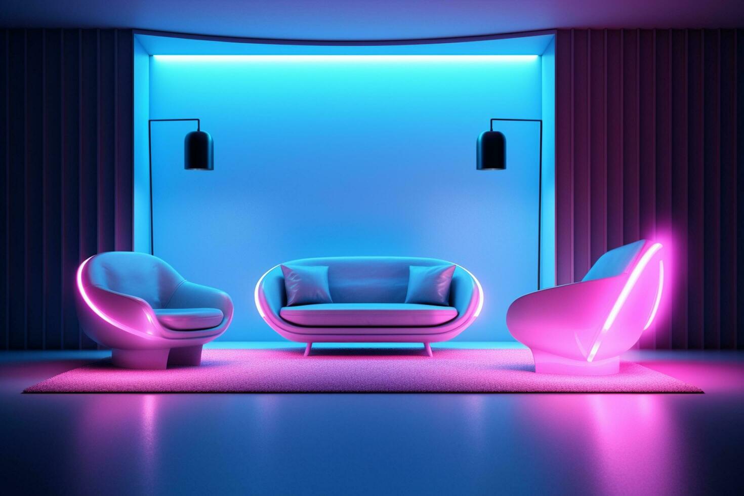 Modern interior futuristic living room night view with neon lights Ai Generated photo