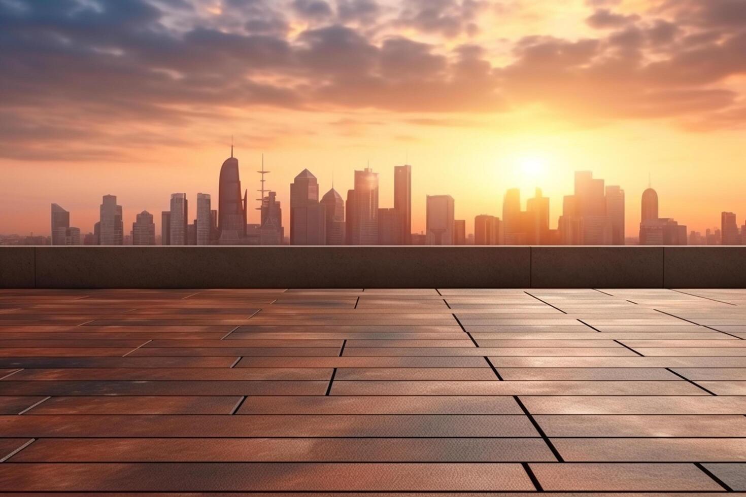 empty brick floor with cityscape and skyline of shanghai at sunset photo