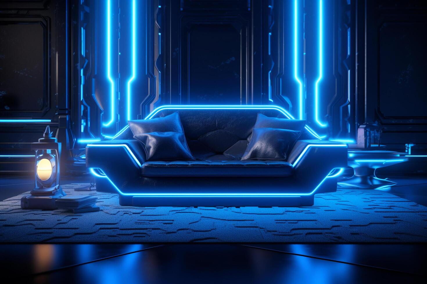 Modern interior futuristic living room night view with neon lights Ai Generated photo