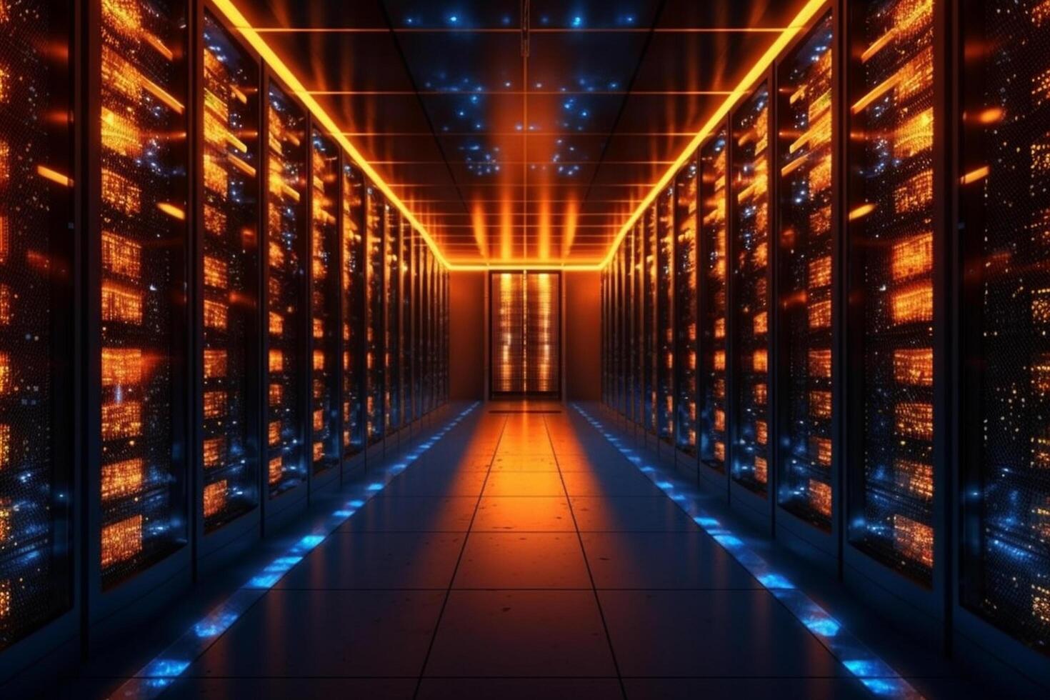 server room data center corridor with glowing lights 3d illustration background photo