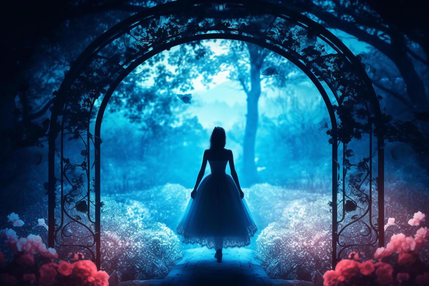 Young woman in white dress standing in the dark mysterious forest. Fairy tale concept photo