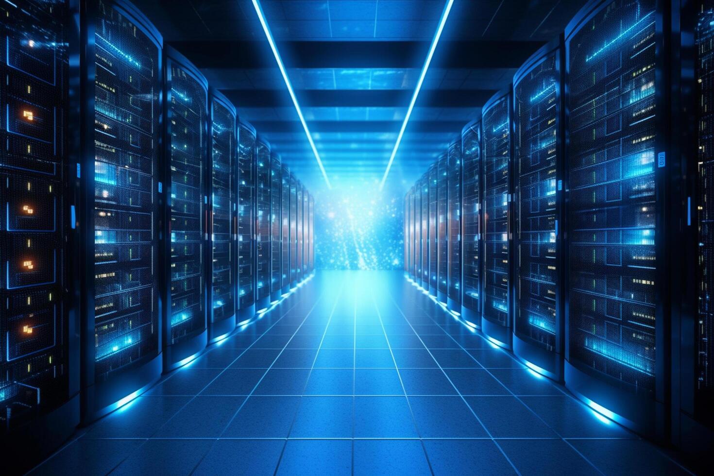 server room data center corridor with glowing lights 3d illustration background photo