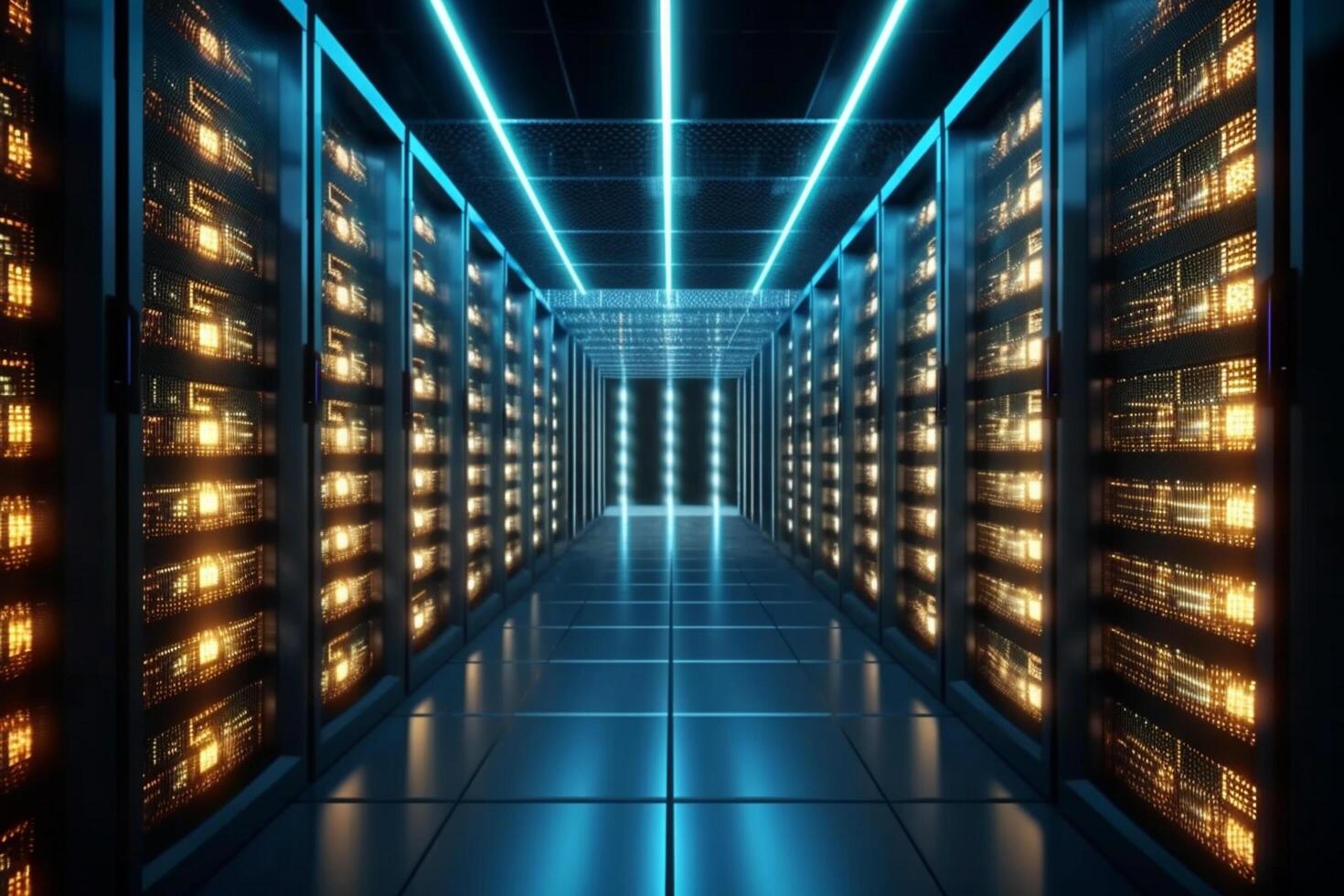 server room data center corridor with glowing lights 3d illustration background photo