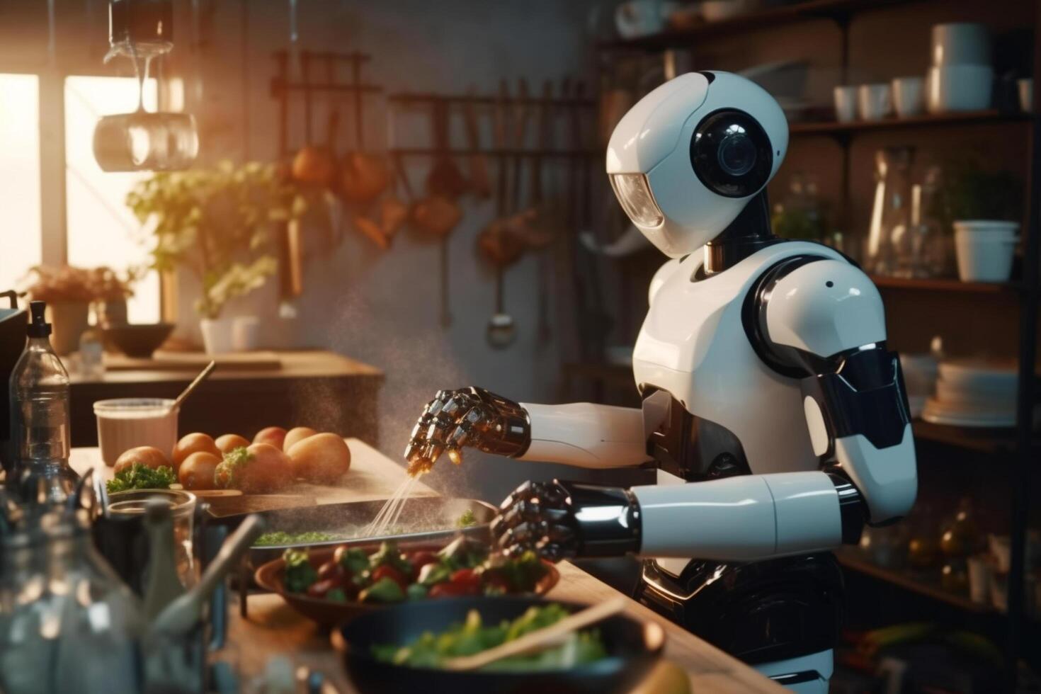 3d rendering humanoid robot cooking vegetable salad in kitchen at home. photo