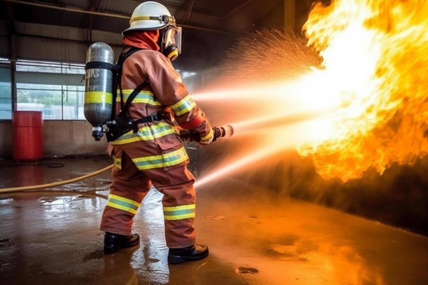 Firefighter and fire extinguisher in action. Firefighter fighting fire. photo