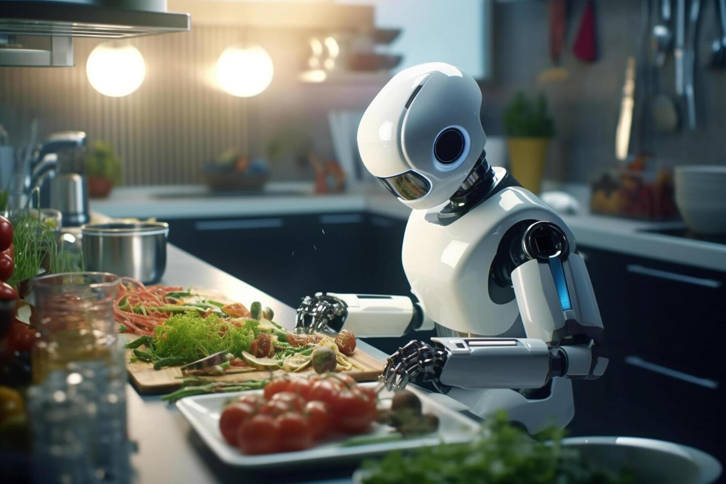 3d rendering humanoid robot cooking vegetable salad in kitchen at home. photo