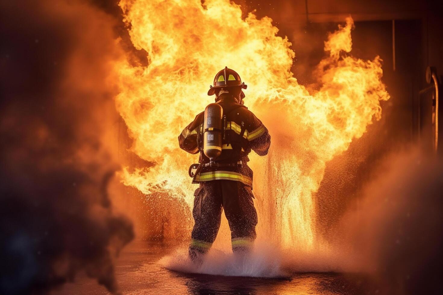 Firefighter and fire extinguisher in action. Firefighter fighting fire. photo