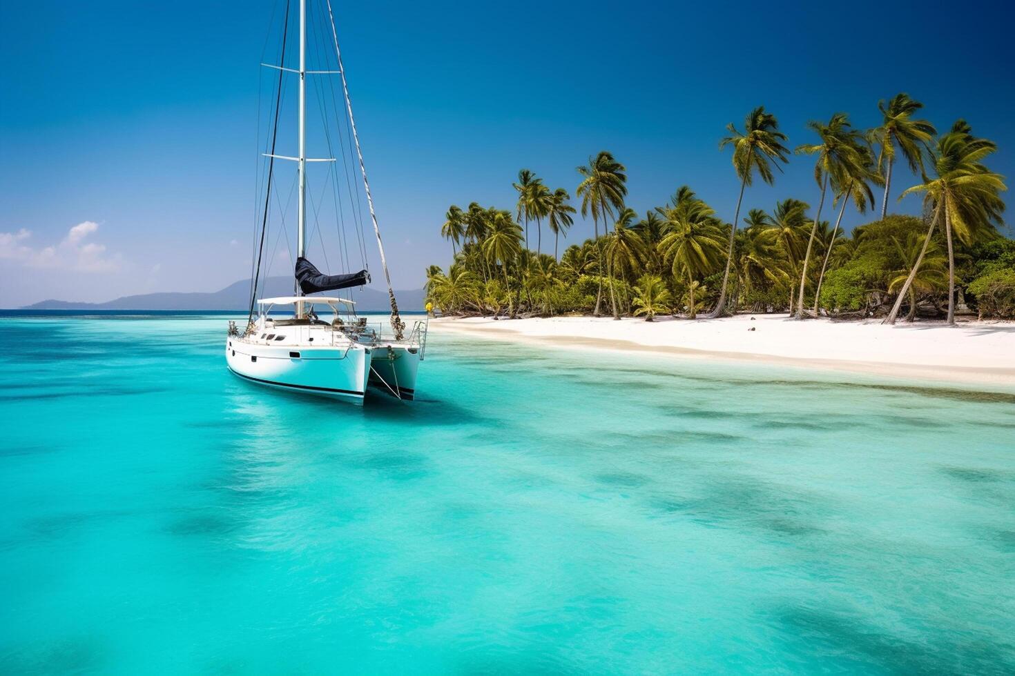 Aerial view of beautiful white sand beach with crystal clear turquoise water and yacht photo
