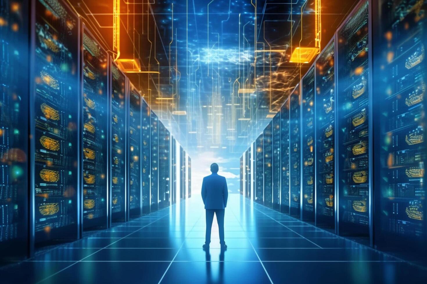 Back view of businessman standing in server room with binary code concept. 3D Rendering photo