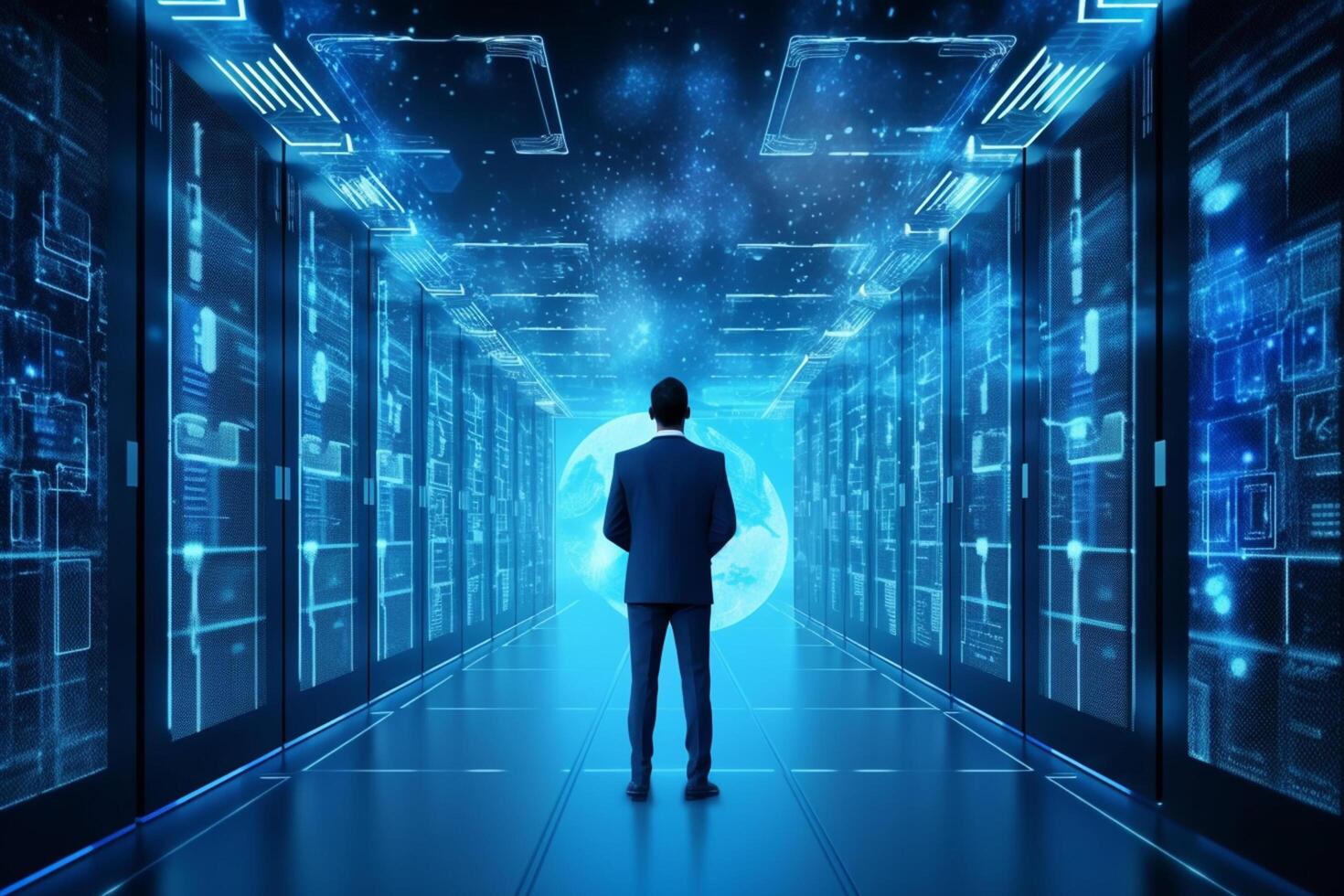 Back view of businessman standing in server room with binary code concept. 3D Rendering photo