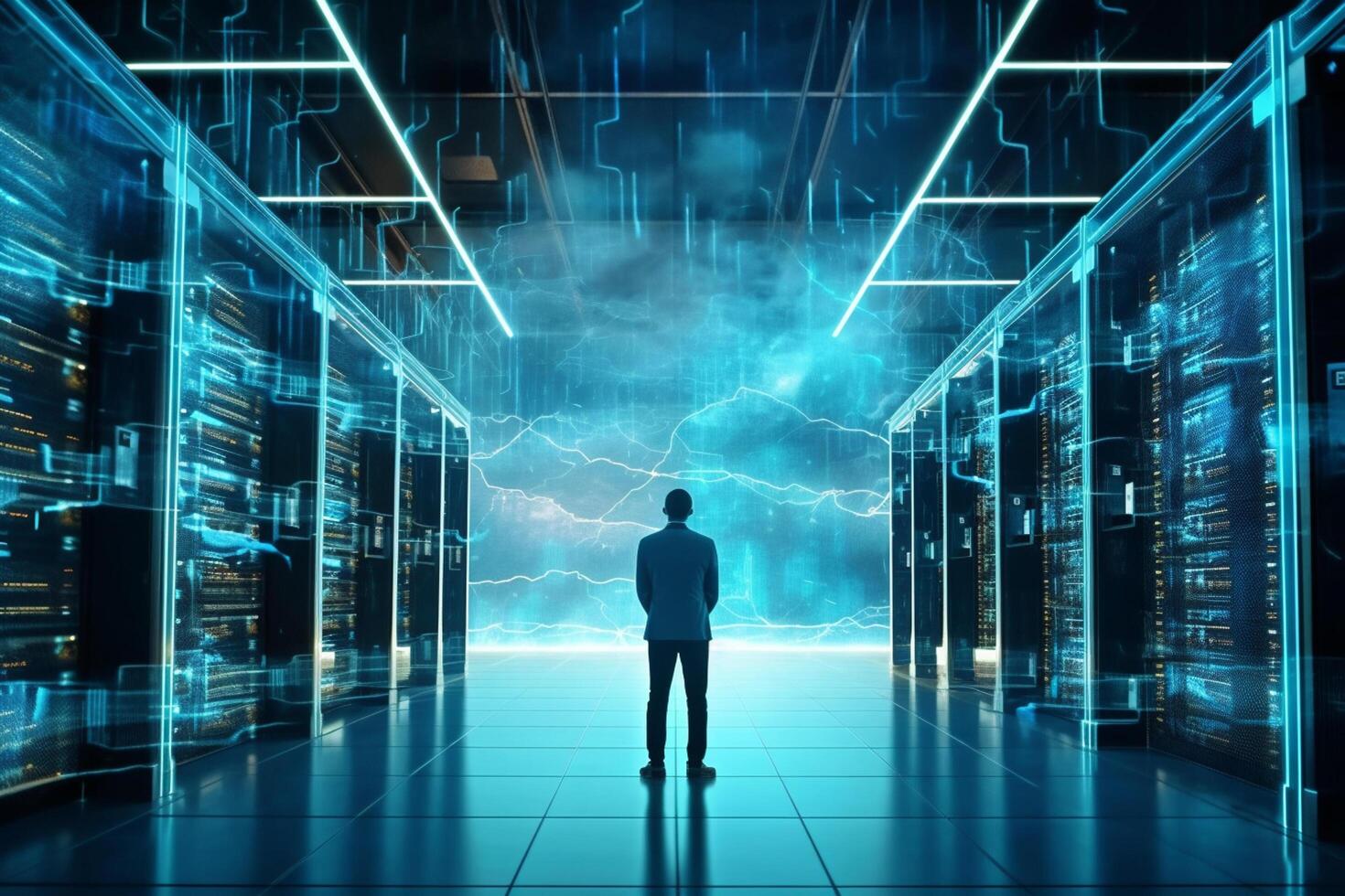 Back view of businessman standing in server room with binary code concept. 3D Rendering photo