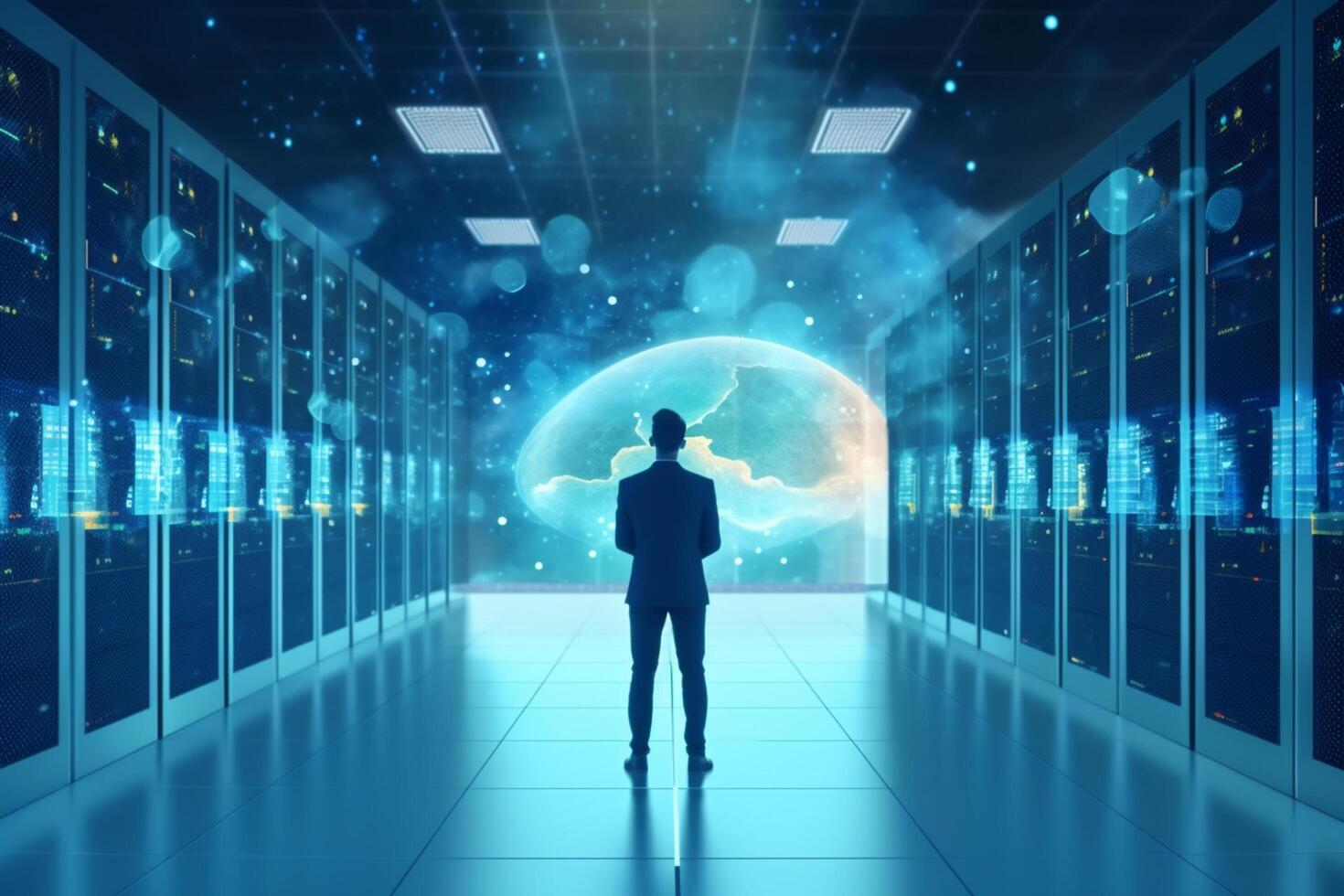 Back view of businessman standing in server room with binary code concept. 3D Rendering photo