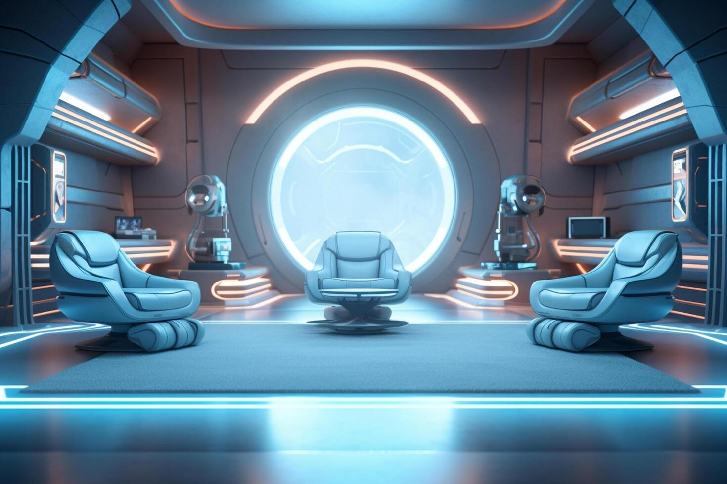 Modern and futuristic apartment interior house room and furniture with lights effects photo