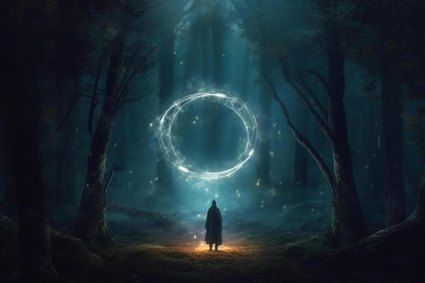 Woman in dark forest with magic portal. Halloween concept. 3D Rendering Ai Generated photo