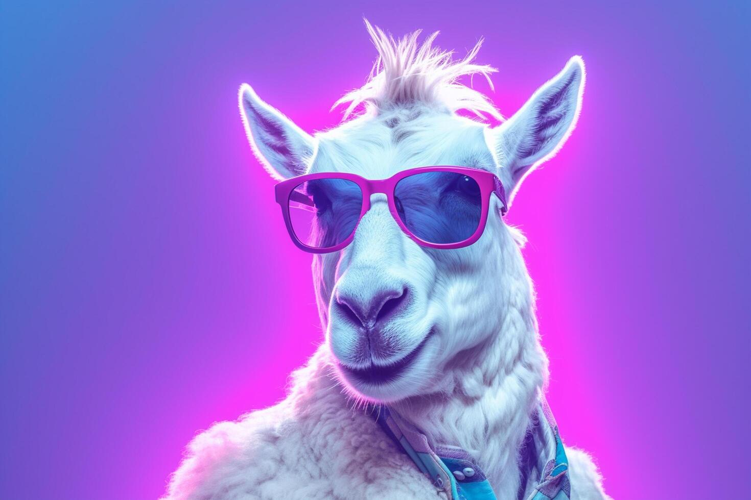 Portrait of a white goat wearing sunglasses on a neon lights purple background. photo