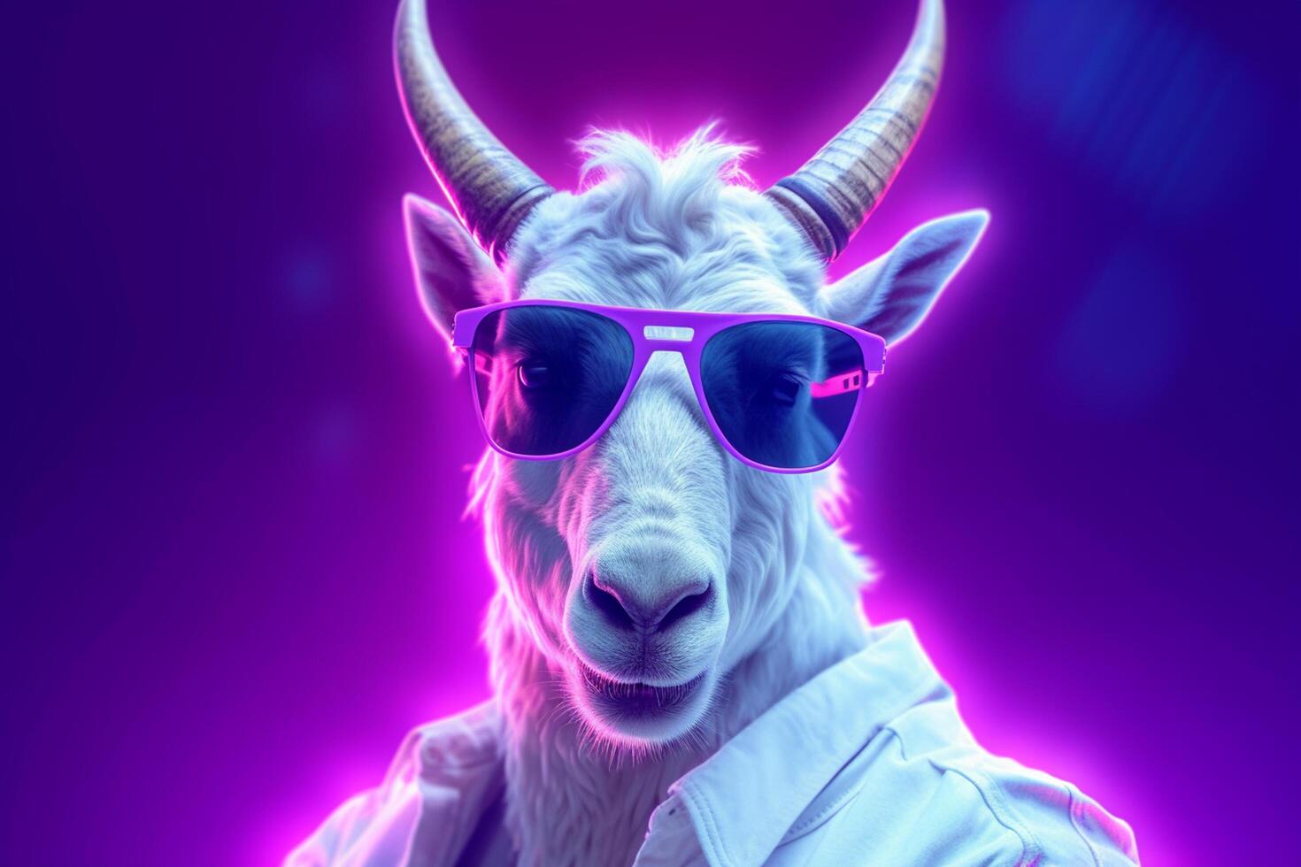 Portrait of a white goat wearing sunglasses on a neon lights purple background. Ai Generated photo