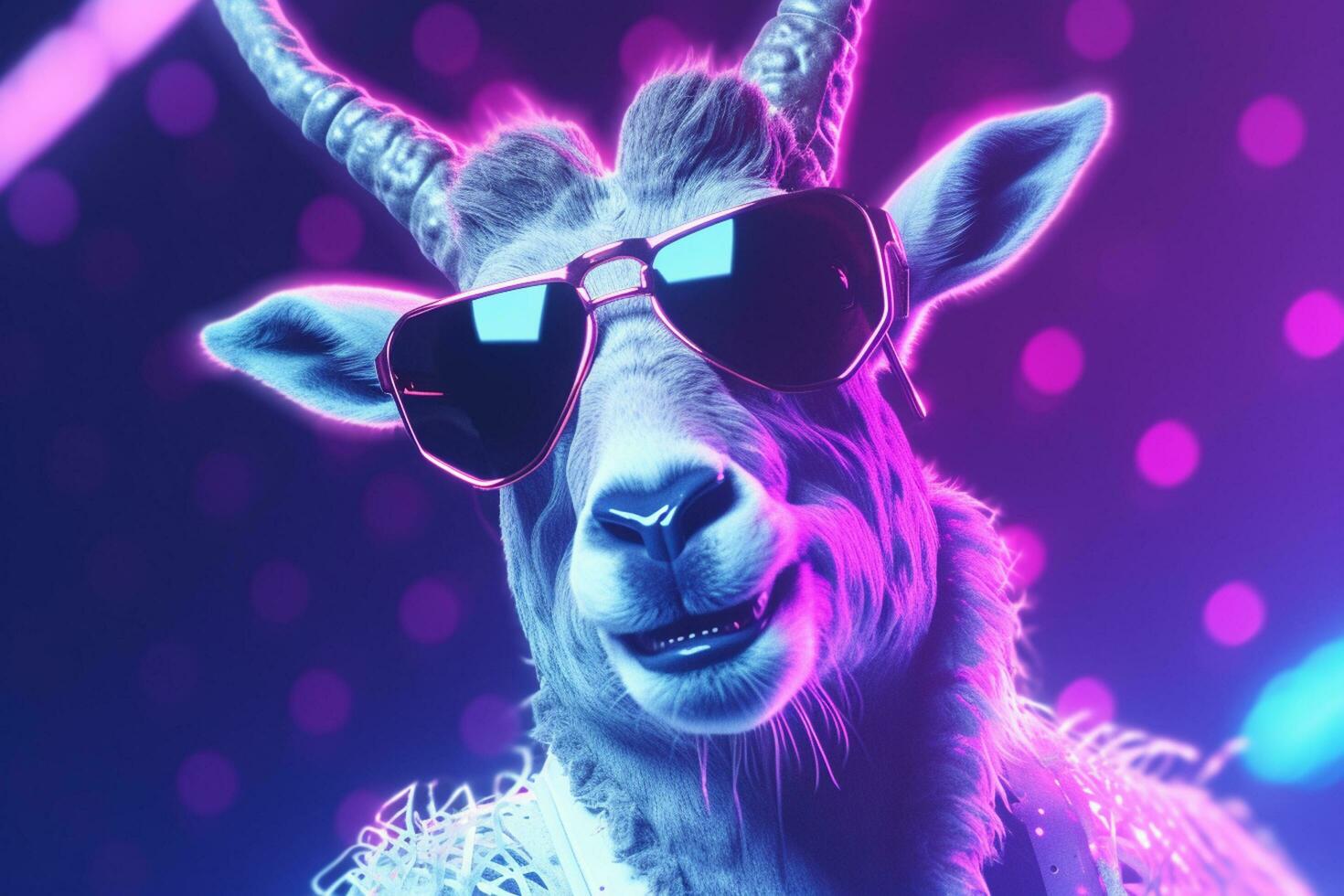 Portrait of a white goat wearing sunglasses on a neon lights purple background. Ai Generated photo