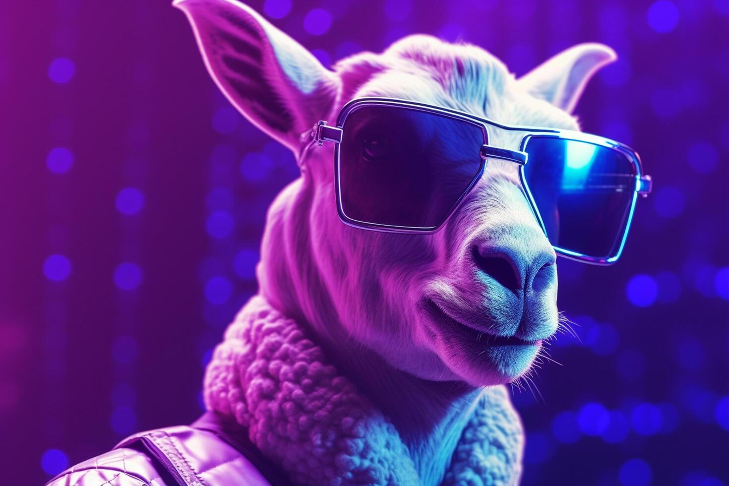 Portrait of a white goat wearing sunglasses on a neon lights purple background. Ai Generated photo