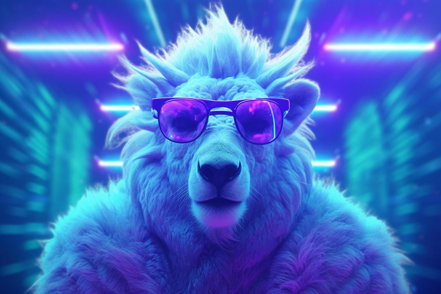 Portrait of a white goat wearing sunglasses on a neon lights purple background. Ai Generated photo