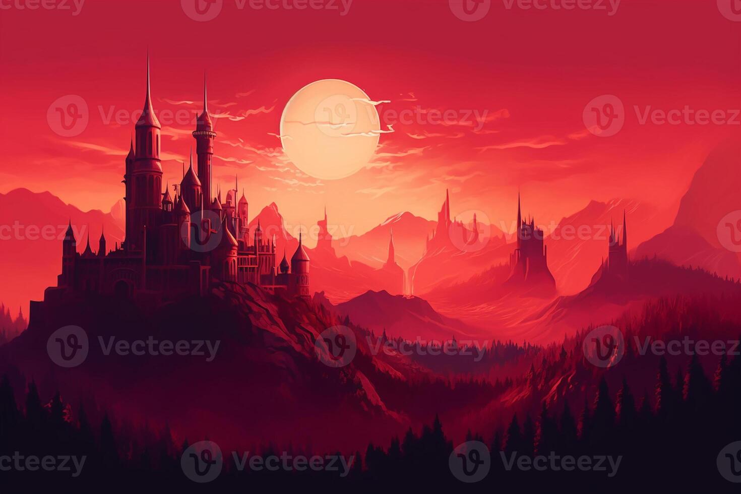 Fantasy red landscape with castle on the background of the moon and mountains photo