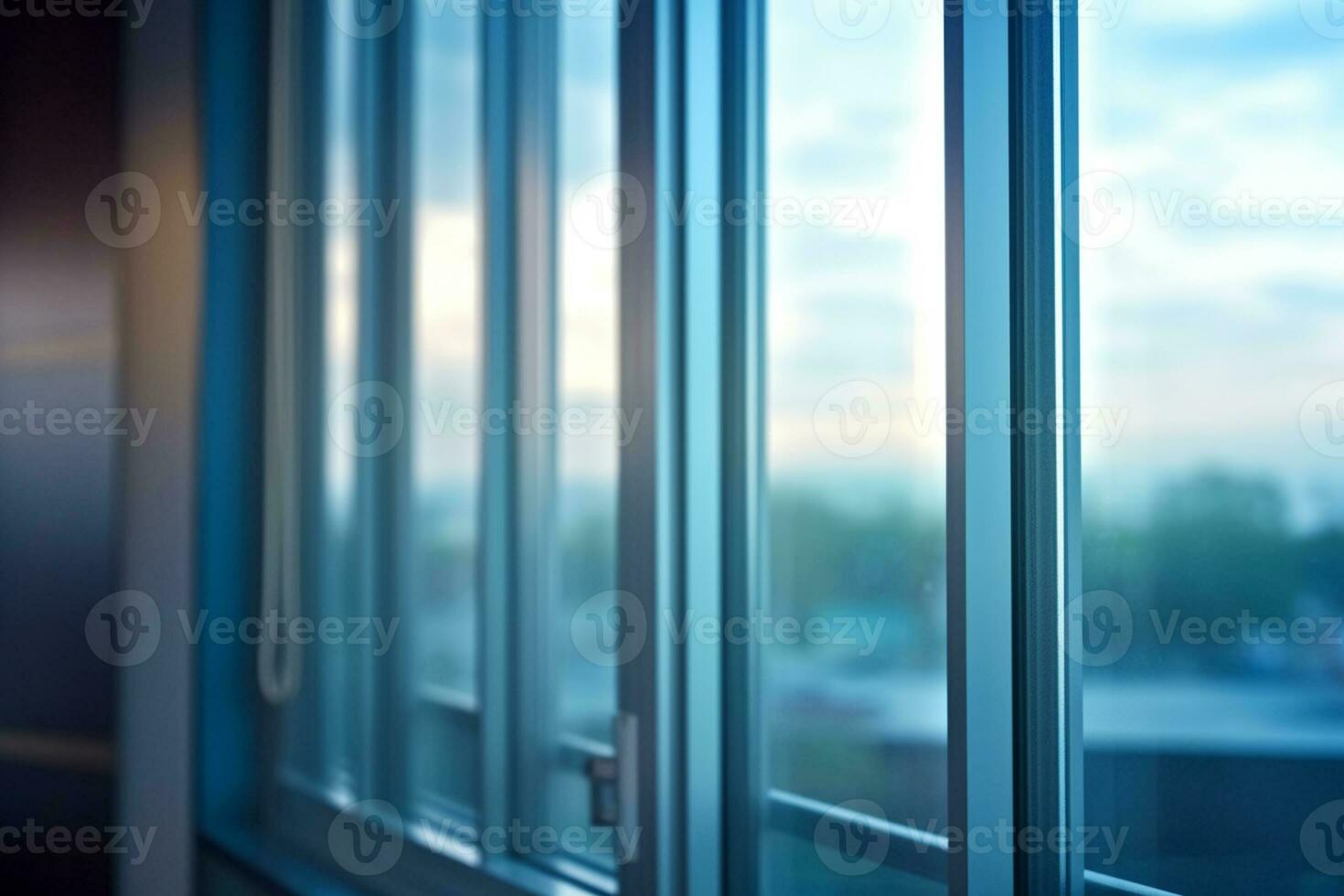 cerca arriba ver en el ventana de un moderno oficina edificio en el noche ai generado foto